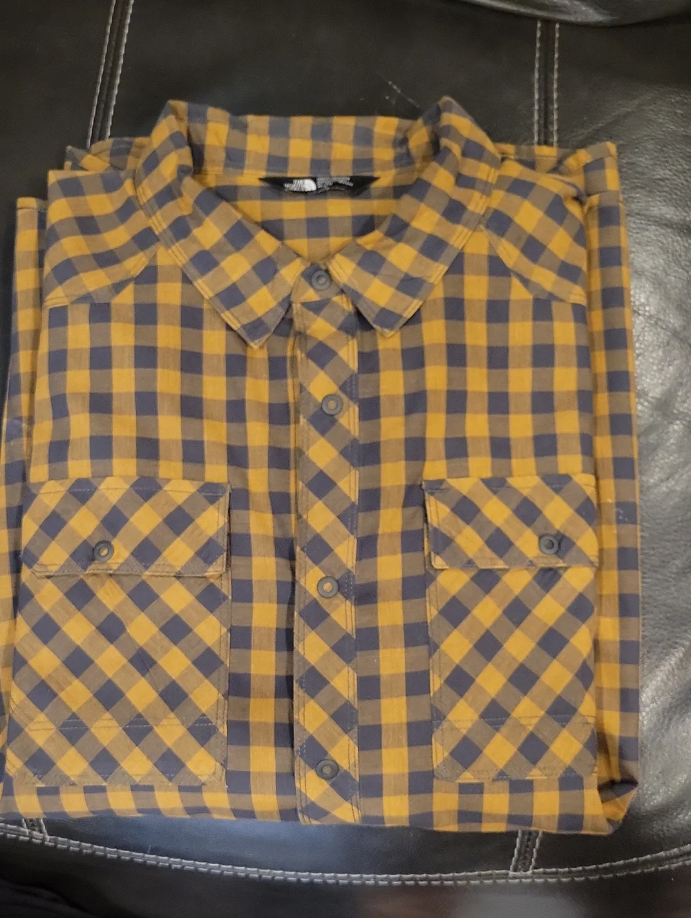 North Face Men's Yellow and Navy Check Shirt - Classic Button-Down. Cleaned.